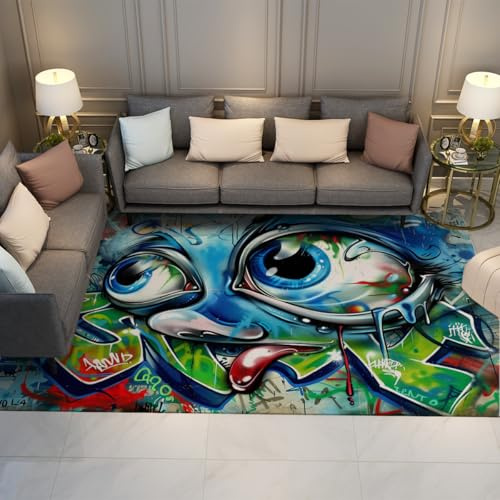 WEECHAINGE Innenteppiche Graffiti Art Eyes Modern Print Area Teppich 120x150cm Fantasy Monster Blue Pattern Teppiche rutschfest Maschinenwaschbarer weicher Bodenteppich für Schlafzimmer Kinderzimmer