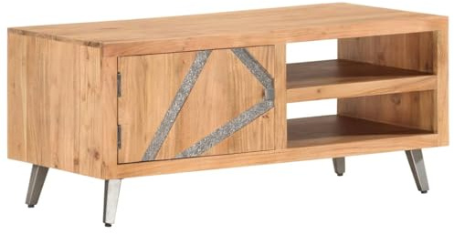 Foknhdi Couchtisch 90×45×40 cm Akazie Massivholz mit Stahlbeinen Industrie-Design 2 Fächer 1 Tür Kleiner Beistelltisch für Wohnzimmer Sofa Area
