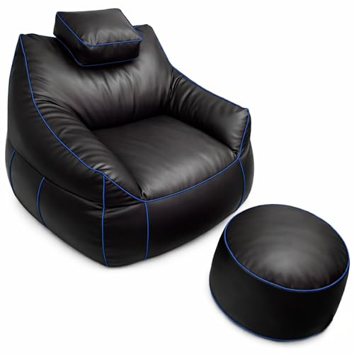 bananair - Gaming Sessel XXL mit Fußhocker aus Schaumstoff - Komfort für Entspannung und Gaming - Verstellbare Kopfstütze, 2 Taschen - Für Sofa, Wohnzimmer & Gaming-Setup (110 × 100 × 90 cm, Blau)