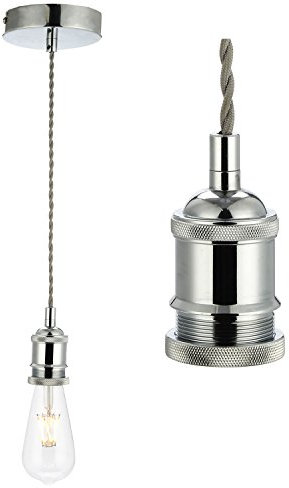 COZZY Vintage Ceiling Pendant Light Fitting, Light Grey Twisted Braided Flex,E27 Lamp Holder Suspended Pendant Light Fitting Kit-Chrome
