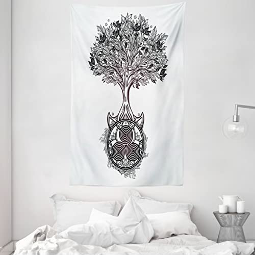 ABAKUHAUS keltisch Wandteppich und Tagesdecke, Baum des Lebens Triskelion aus Weiches Mikrofaser Stoff Waschbar ohne Verblassen Digitaldruck, 140 x 230 cm, Weiß und Schwarz