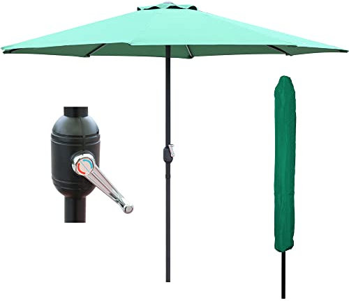 GlamHaus Garden Parasol Table Umbrella 2.7M with Crank Handle for Outdoors, UV40 Protection, Includes Protection Cover, Gardens and Patios - Robust Steel (Green)