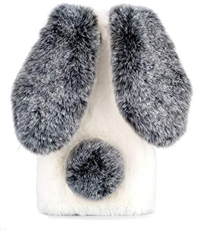 Honghushop Peluche Custodia per Samsung Galaxy S4 Mini i9190 TPU Morbido Pelosa Coniglietto con Orecchie e Coda Soffici Villi Pelliccia Peluche Lana Case Bling Diamante Cover - Bianco Grigio
