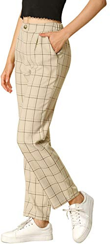Allegra K Women's Plaid Trousers Pockets Straight Leg Pants Medium Khaki