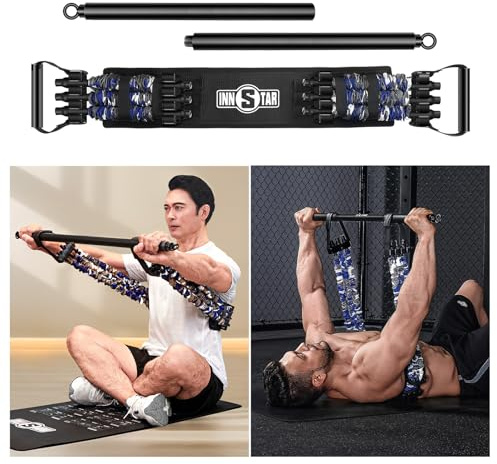 INNSTAR Portable Bench Press Resistance Bands with Removable Bar, Adjustable Bench Press Bands with 96 cm Fitness Bar, Chest Trainer for Arm, Back, Biceps and Chest Muscles (Camo Blue)