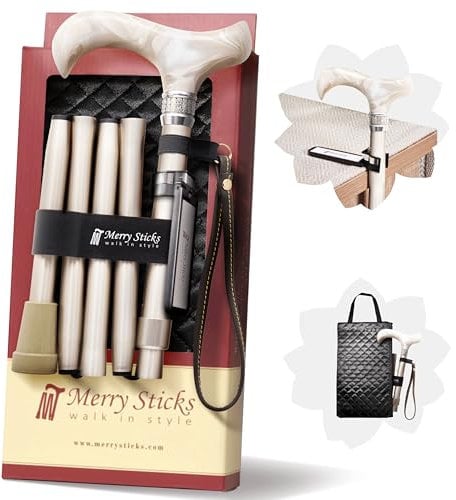 Merry Sticks Faltbarer Verstellbarer Designer Gehstock, Faltstock, Königliches Champagner Gold mit Europäischen Kristallen, Enthält eine praktische Stocktasche und EIN Intelligenter Stockhalter