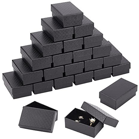 BENECREAT 24 Pack Diamantmuster Karton Schmuckschatullen 8x5x3cm Rechteck Ring Ohrring Halskette Geschenkboxen mit Schwammeinsatz für Jubiläen, Hochzeiten, Geburtstage, Schwarz