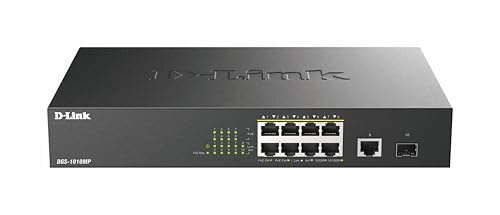 D-Link Switch Poe Gigabit Max a 10 Porte DGS-1010MP/M, 8 Porte Gigabit 30W Poe+, Budget Poe da 125W, Uplink SFP, Fanless, Silenzioso, Risparmio energetico, Custodia in Metallo, Switch di Rete
