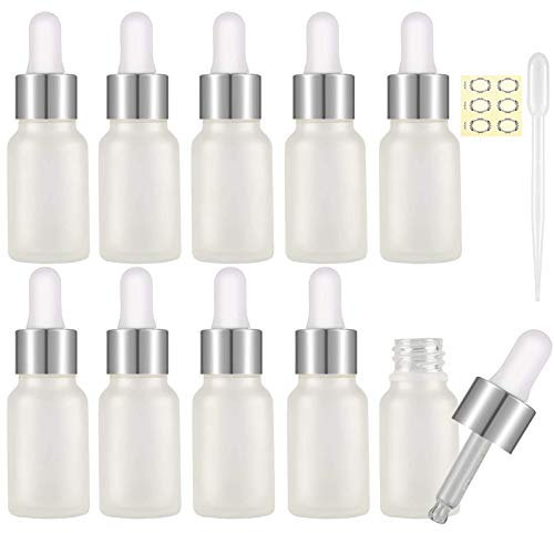Alledomain 10Pcs, 10Ml Frosted Glass Bottles with Dropper Pipettes, Mini Empty Dropper Bottles Silver Metal Cap Refillable Sample Container for Essential Oil/Aromatherapy Blends/Chemical Liquid