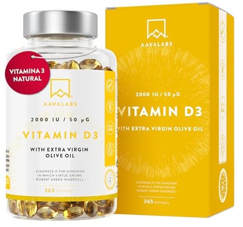 Vitamina D3 2000 UI - 365 Cápsulas Blandas - con Aceite de Oliva Virgen Extra para una Absorción Óptima – Contribuye al mantenimiento de la Función Ósea, Muscular e Inmunológica