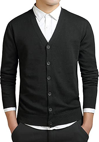 MANBOZIXi Cardigan pour Hommes avec Boutons, Tricots Léger Homme Manche Longue, Veste col V, Noir L