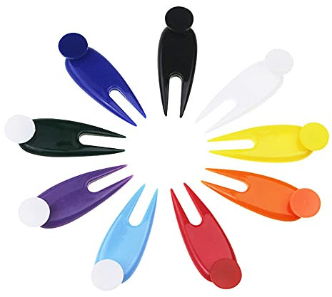 IKAAR 9 Stück Golf Pitchgabel Golf Divot Tool Golf Pitch Gabel Kunststoff Golf Stimmgabel Reparaturwerkzeug mit Abnehmbarem Ballmarker
