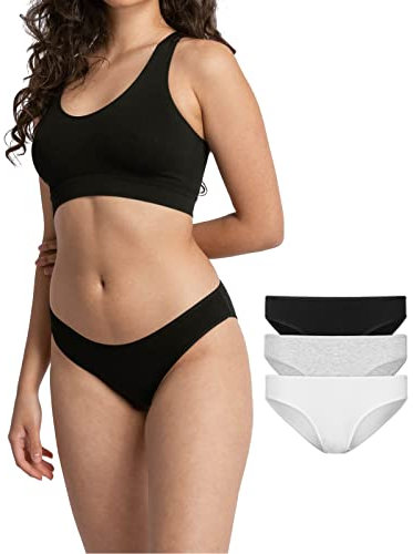 Snocks Damen Unterwäsche Slip aus Bio-Baumwolle (3er Pack) - Unterhosen Frauen Klassisches Schlichtes Design - Kein Einschneidendes Gummiband - Gr. XL - Farbe Mix (White/Grau/Schwarz)