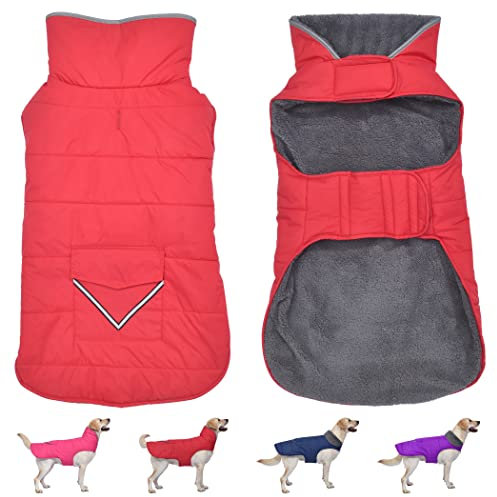 Hunde Wintermantel, Hundejacke mit Tasche und reflektierendem Streifen, Welpenkleidung warme Haustier Winterweste für Welpen Kleine Mittlere Extra Große Hunde Haustier (Rot, XS)