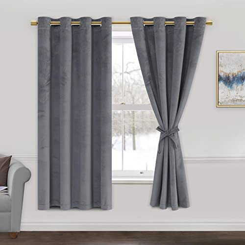 JIUZHEN Graue Samtvorhänge für Bedoom – Thermo Insualted Room Verdunkelung Ösen Fenstervorhänge für Wohnzimmer, Set mit 2 Fenstervorhängen mit Raffhaltern, 132 x 160 cm