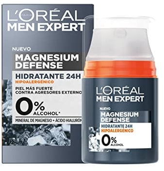 L'Oréal Men Expert, Crema Facial Hidratante 24H Para Hombre, Hipoalergénica Mineral de Magnesio + Ácido Hialurónico, Sin alcohol, Pieles Sensibles, 50 ml