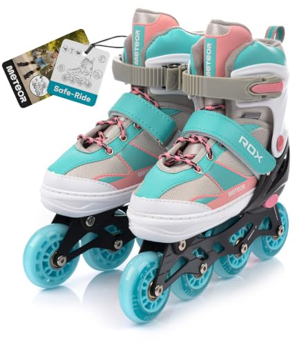 meteor Rox sichere verstellbare Kinder Inline‑Skates – Inliner für Mädchen Jungen – ABEC‑7 Carbonlager PU‑Räder 72 mm 80 A Aluminiumrahmen – Größen S 30‑33 M 34‑37 L 38‑41