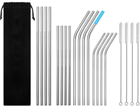 Metal Straws, 20pcs Stainless Steel Reusable Drinking Straw for Smoothie, Milkshake, Cocktail and Hot Drinks
