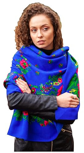 Damen Russischer Stil Blau Schal Tuch Umschlagtuch 100% Wolle, mit Blumen hochwertige Stola - sehr hohe Qualität 135cm x 135cm