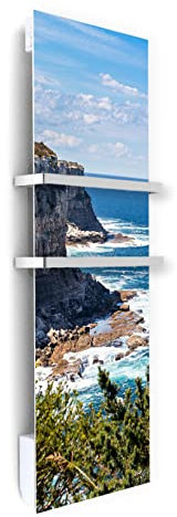 ILO/Radiateur Sèche Serviette Électrique Soufflant /1250W/ +17 Motifs, Design Unique/Rayonnnant/Extra Plat/ IP44 / 2 barres Inox/Orientation Verticale/Éco, Silencieux/France/Ocean Coast