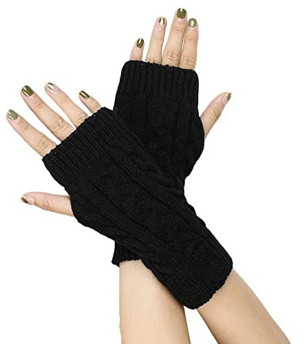 FGFD&OU Fingerlose Handschuhe für Damen Gestrickte Halb Fingerhandschuhe Kurzer Strickhandschuhe Fäustlinge Handwärmer Handgelenkwärmer Armstulpen Handstulpen Pulswärmer (1Paar-Schwarz)