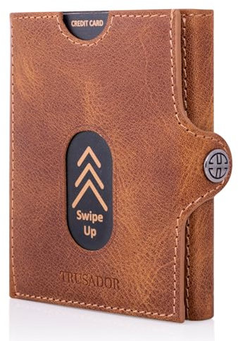 TRUSADOR Slim Wallet Valencia I 8 Karten Mini Geldbörse Herren klein mit RFID Schutz I Damen & Herren Portemonnaie I Credit Card Holder Geldbeutel – Münzfach, Cognac