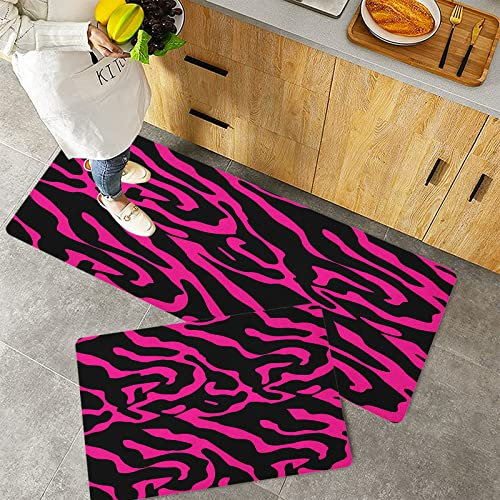 Küchenteppich Teppich Läufer Küchenläufer 2 Stück,Rosa Zebra Fashion Zebra Stripes Exotische Safari in femininen Tönen Vibrierendes Abstraktes Mot,Rutschfest waschbar für Flur Küche 40x60 cm+40x120 cm