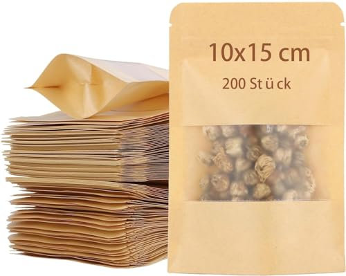 AKOLAFE 200 bolsas de papel marrón de 10 x 15 x 3,5 cm, bolsas de papel con ventana, herméticas, bolsas de papel de estraza pequeñas para dulces, nueces, granos de café, especias
