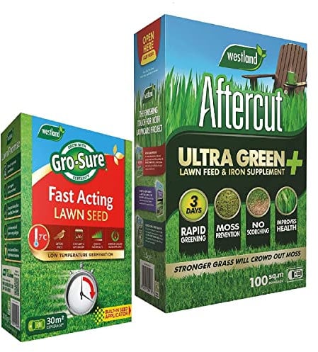 Garden Grass Lawn Care Bundle - 3.5kg Aftercut Ultra Green Lawn Feed + Iron Supplement 100sq.m & 900g GRO-Sure Fast Acting Lawn Grass Seeds 30m2 Garden Fertilisers with Topline Card