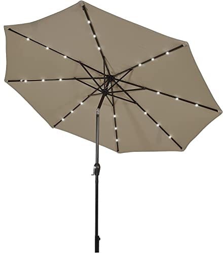 SFAREST 3M Garden Parasol, Patio Tilting Lighted Umbrella with 24 Solar Powered LED Lights & Crank Handle, UV Protective Sun Shade Umbrella for Garden Pool Yard Beach (Coffee)