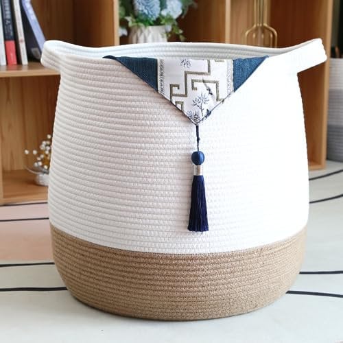 Lauatiiu Großer Korb aus Baumwollseil, gewebter Aufbewahrungskorb für Spielzeug, Wäsche- und Decken-Organizer, runder Geschenkkorb mit Griffen für Kinderzimmer D45 x H43 CM (Braunes Leinen & Weiß)