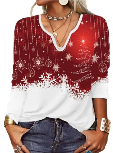 GRMLRPT T-Shirt col V Blouses à Manches Longues pour Femmes Imprimé Tunique Tops Lâche Chemisier T-Shirts pour Femmes Sweat-Shirt Tuniques Basiques Haut Automne Noël (Rouge,S)
