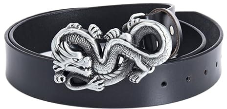 WRJAHCG Ceinture de CowBoy Occidental, Ceinture Hommes en Cuir Véritable avec Boucle de Ceinture Tête de Dragon Chinois 3D Vintage,Black a,130CM/51.2''