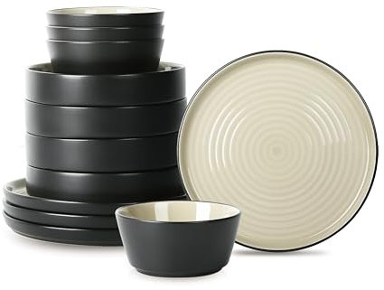 Stone Lain Elica Service de table en grès 12 pièces pour 4 personnes, beige et noir