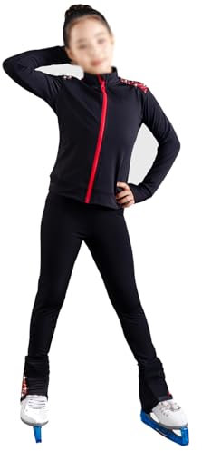 ROLTIN Eislaufjacke und Hose für Mädchen und Damen, Set mit Strasssteinen, warme Eiskunstlauf-Anzüge, Training, Gymnastik, Leggings (Größe: 3XS, Farbe: Schwarz)