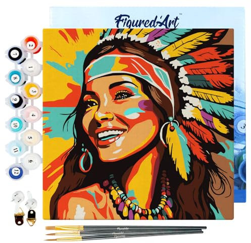 Figured'Art Mini Peinture par Numéro Adulte 20x20cm avec cadre Femme Native Pop Art - Petit Format Kit de Loisir Créatif DIY Numéro d'Art Complet