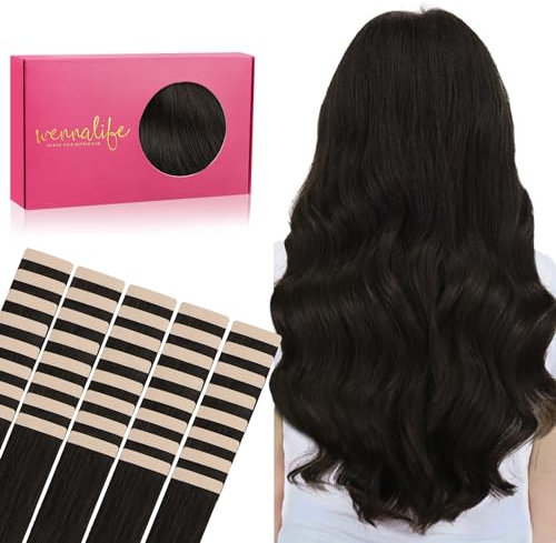 WENNALIFE Tape Extensions Echthaar, 40pcs 100g 55cm 22 Zoll Dunkel Braun Haarverlängerung Echthaar Extensions Invisible Tape in Extensions Echthaar Hair Extensions Seidig Gerade Skin Weft Tape Ins