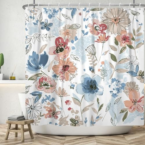 ASDCXZ Flower Shower Curtain 180x200 cm, Spring Watercolor Blue Orange Red Flowers Green Leaves White Bath Washable Shower Curtains Polyester Textile Waterproof Bath Curtain for Bathtub with 12 Hooks
