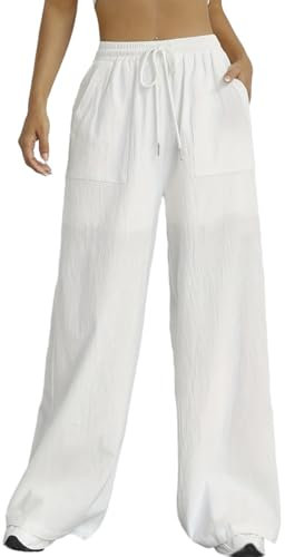 Nuofengkudu Sommer Weite Hose Damen Sommerhose Leichte Taschen Kordelzug Gummizug Lockere Elegant Lang Yogahose High Waist Freizeithose Bequeme Luftig Bootcut Schlupfhose Palazzo Relaxhose Weiß S