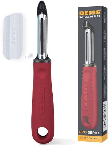 Deiss PRO Pelador Giratorio de Verduras - Afilado Pelador de Acero Inoxidable con Fácil Agarre Antideslizante, Pelador de Patatas para Cocina, Frutas, Zanahorias, Manzanas, Verduras, Duradero (RED)