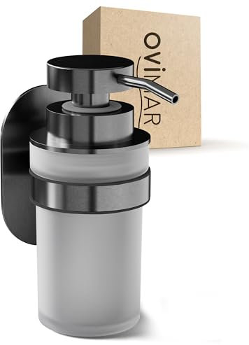 ovimar Seifenspender Veotind | Gunmetal | Wandmontage ohne Bohren | Edelstahl und modernes Glas | große Öffnung | für Badezimmer oder Küche | auch als Desinfektionsmittelspender geeignet