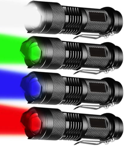 POCKETMAN Red LED Flashlights Zoomable Focus Green Flashlight Light Water Resistant Blue Light 3 Light Modes White Light Flashlight with Clip for Night Observation and Outdoor