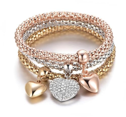 3-teiliges Stretch-Armband-Set für Frauen mit Popcorn-Design und Charm-Anhängern in Rose Gold, Silber und Gold. Verstellbar und Geschenk zum Valentinstag, Muttertag oder Weihnachten für Frauen.