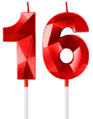 Red 16th Birthday Candles for Cake, Number 16 Candle for 16th Birthday Decorations, 3D Design Cake Topper Decor for Boy Girl Women Men Birthday Theme Party Weddings Anniversary Celebration Supplies