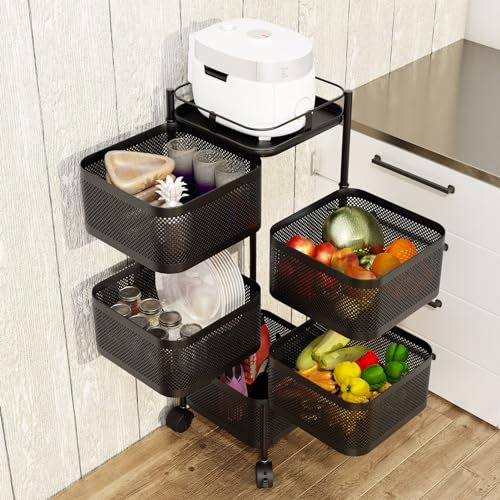 Kripyery Carrello portaoggetti da cucina, carrello da cucina a 5 strati su ruote, carrello girevole, carrello da cucina, cesto di frutta, contenitore per frutta, verdura, ripiano in filo metallico con
