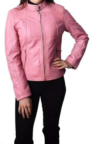 Divergent Retail Giacca da donna in vera pelle, stile motociclista, stile bikera, tinta unita, rosa, 48