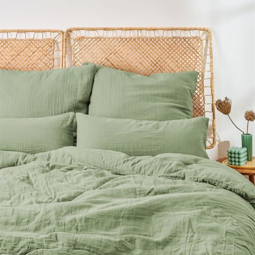 Blumtal Musselin Bettwäsche 200x220 cm + 2X 40x80 cm - Oeko-TEX zert. Musselin-Bettwäsche aus 100% Baumwolle - extra weiches Bettwäsche-Set waschbar bei 40 °C - Sommerbettwäsche Grün