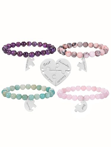 PiercingJak 4er Freundschaftsarmband mit Herz Puzzle BFF Anhänger Perlenarmband 8mm Edelstein Perlen Armbänder Freundschaft Geschenke für Beste Freundinen Freunde, Best Friends Forever And Ever