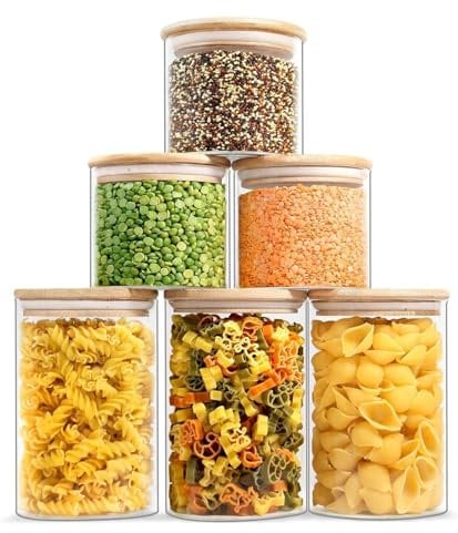 PRICE BEATER Set of 6 Glass Jars with Bamboo Lids, Airtight Glass Storage Jars for Kitchen, 2 Sizes 3x750ml 3x1200ml Canister Set of 6 for Storing, Cereal, Pasta, Tea, Coffee, Sugar, Dishwasher Safe