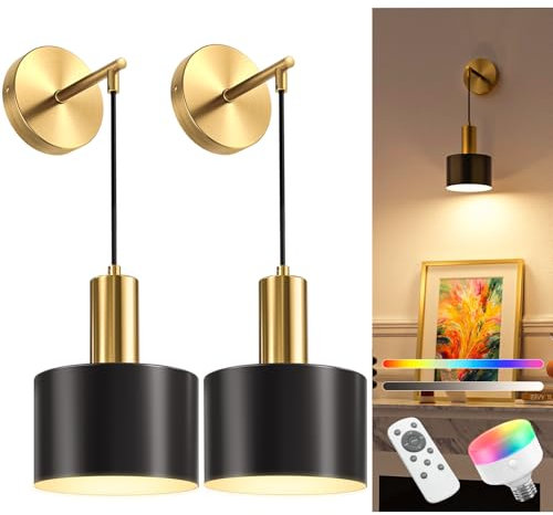 NIORSUN Battery Operated Wall Sconces, Gold & Black Battery Operated Wall Lights Indoor with 5200mAh Dimmable Detachable Bulbs and Remote, 9 Colors Sconces Wall Decor for Bedroom Living Room